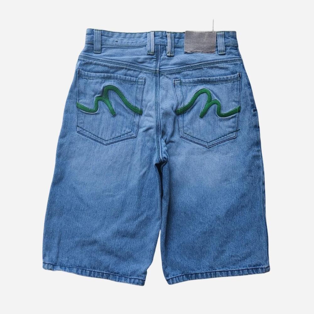 Y2K Mecca Jeans Blue Baggy Shorts with Green Embroidered Wave Design on Back Poc
